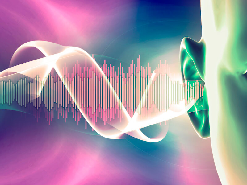 Hearing problems and hearing technology solutions. Ultrasound. Deafness. Advancing age and hearing loss. Soundwave and equalizer bars with human ear