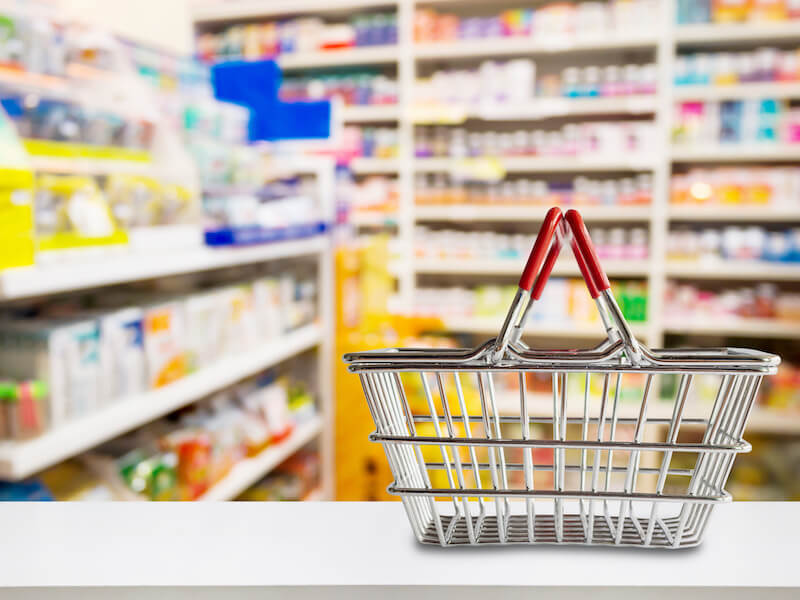 Display of over the counter hearing aids at a pharmacy.